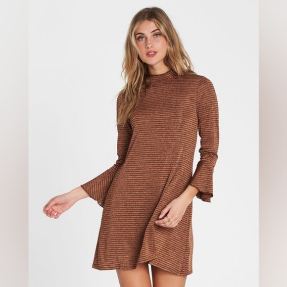 Billabong size M brown and black striped bell sleeve dress new with tag - Picture 2 of 12